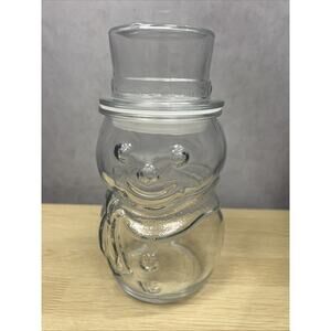 Libbey Snowman Glass Candy/Sugar/Flour Jar Lidded Holiday Christmas Container